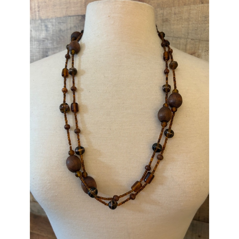 Boho Mixed Wood and Amber Glass Seed Bead Long Strand Necklace Brown